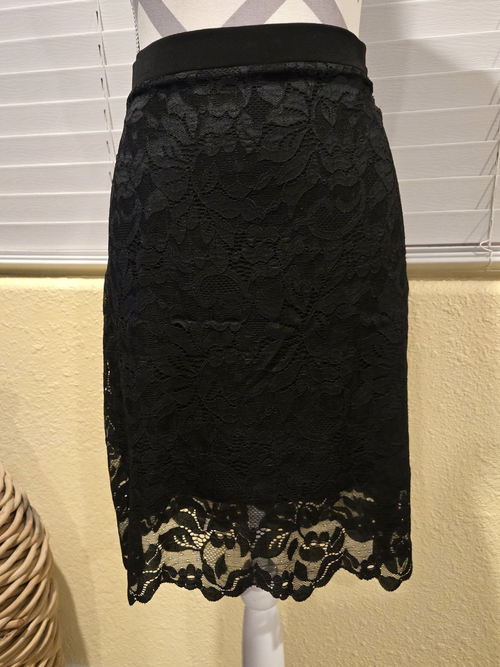 Sympli Black Lace Pencil Skirt with Scalloped Hem
